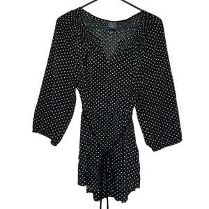 Oh Baby Babydoll Top Sz Large Black And White Polka Dot Tie Long Sleeve Elastic‎
